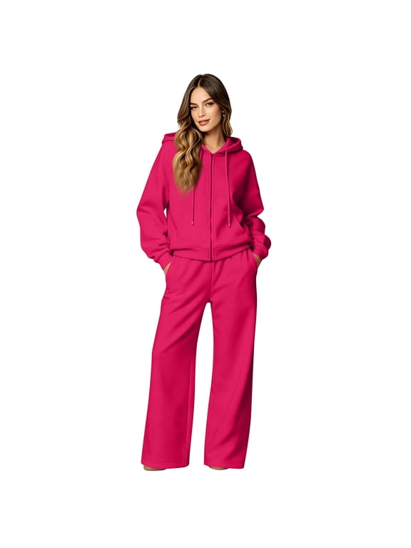 Women’s Zip Hoodie & Matching Sweatpants Set Cozy Fall Lounge 2-Piece Hot Pink S