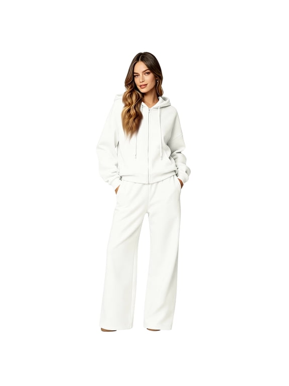 Women’s Zip Hoodie & Matching Sweatpants Set Cozy Fall Lounge 2-Piece White M