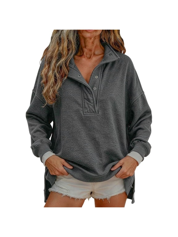 Women’s Oversized Henley Snap Button Sweatshirt Fall Winter Pullover Dark Gray L