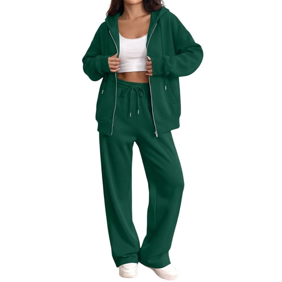 Rexolia Women’s Zip Up Hoodie & Wide Leg Sweatpants Tracksuit with Pockets 2-Piece Green L