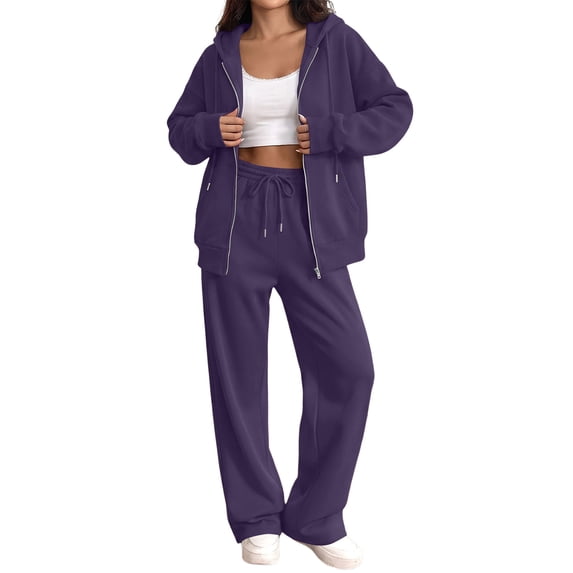 Rexolia Women’s Zip Up Hoodie & Wide Leg Sweatpants Tracksuit with Pockets 2-Piece Purple S