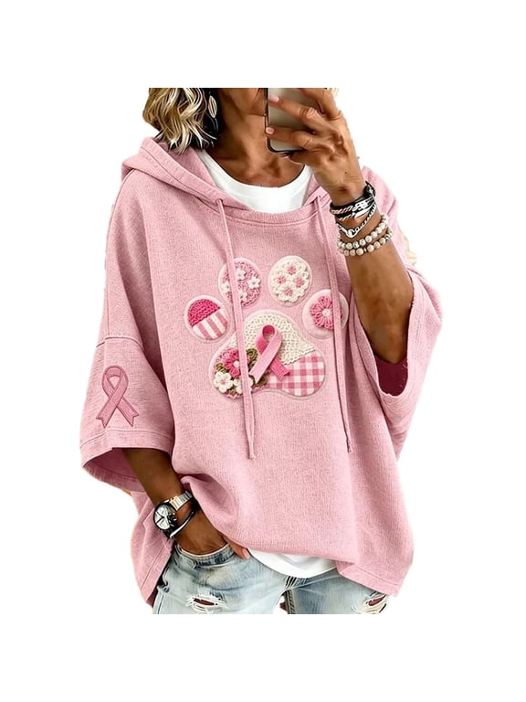 Womens Drawstring Hooded Sweatshirt Breast Cancer Awareness Print Loose Casual Pullover Top Short Sleeve Tunic Multicolor 2XL