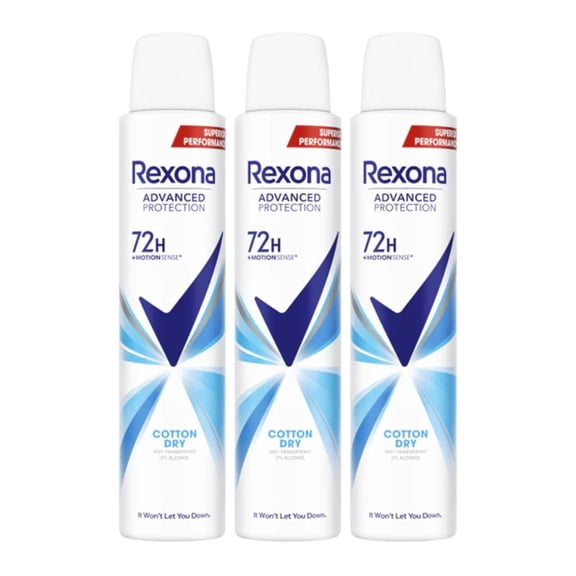 Rexona Advanced Protection 72H Deodorant Spray Pack of 3, Cotton Dry, 6.7 oz.