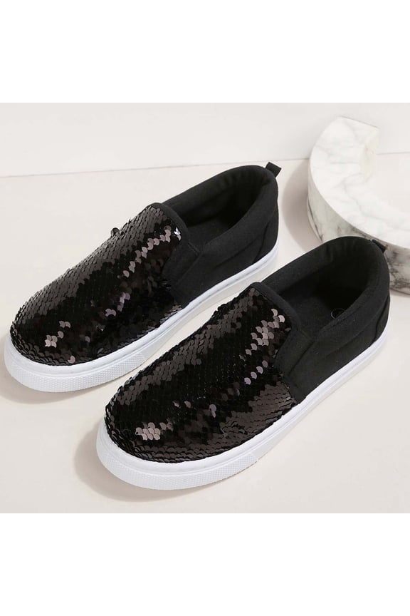 Girls Canvas Shoes Slip On Sneakers Sparkle Sequins Everyday Walking