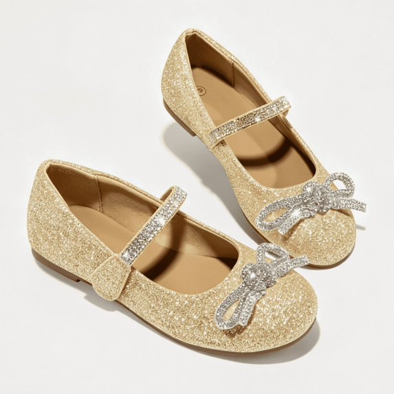 Rexoro Girls' Mary Jane Flats Kids Sparkly Rhinestone Bow Dress Shoes Princess Girls Shoes for Wedding Party Gold 11 Little Kid