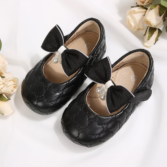 Rexoro Girls Mary Janes Dress Shoes Quilted PU Leather Bowknot Pearl Wedding Flats