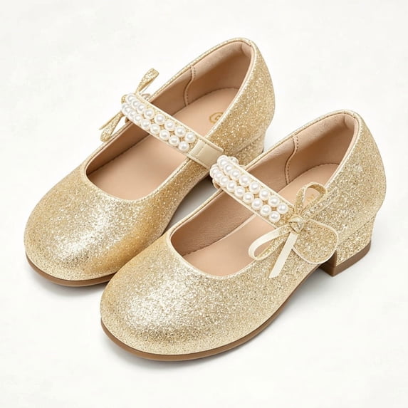 Rexoro Girls Princess Mary Jane Dress Shoes Kids Low Heel Bow Pumps for Wedding Party Gold Glitter 2 Big Kid
