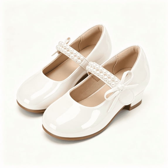 Rexoro Girls Princess Mary Jane Dress Shoes Kids Low Heel Bow Pumps for Wedding Party White Patent 12 Little Kid