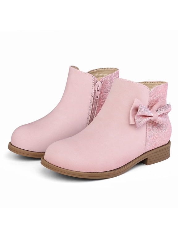 Girls Bow Ankle Boots Cute Round Toe Side Zipper Kids Booties Dress Party Shoes,Pink Glitter,1 Big Kid