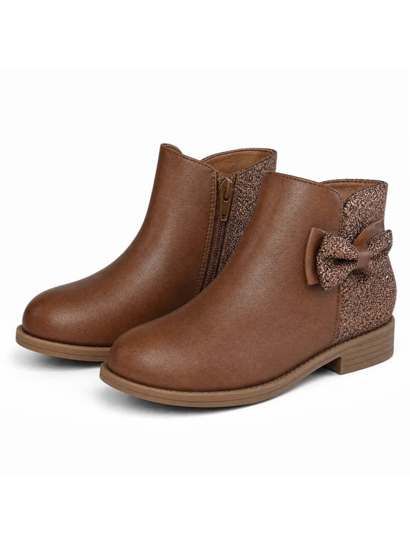 Girls Bow Ankle Boots Cute Round Toe Side Zipper Kids Booties Dress Party Shoes,Brown Glitter,1 Big Kid