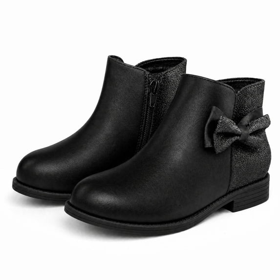 Rexoro Girls Bow Ankle Boots Cute Round Toe Side Zipper Kids Booties Dress Party Shoes,Black Glitter,1 Big Kid