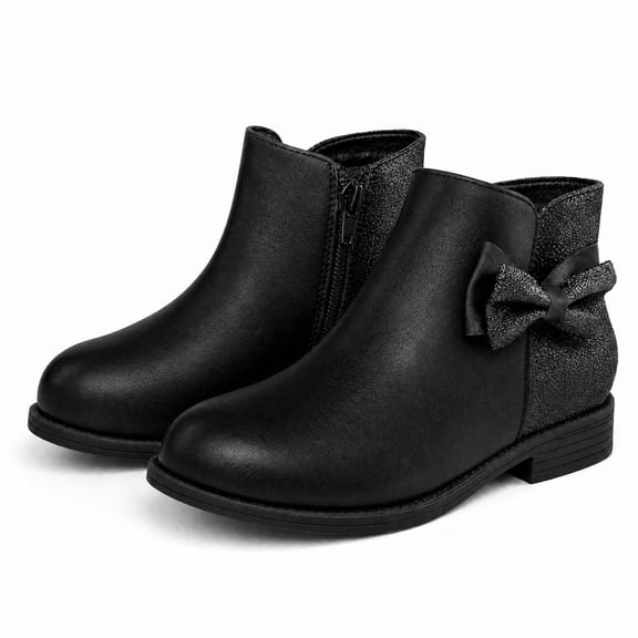 Rexoro Girls Bow Ankle Boots Cute Round Toe Side Zipper Kids Booties Dress Party Shoes,Black Glitter,1 Big Kid