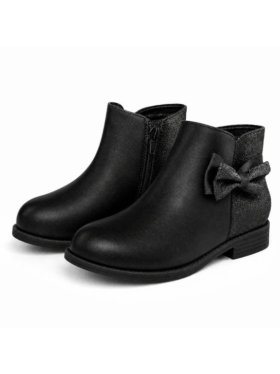 Girls Bow Ankle Boots Cute Round Toe Side Zipper Kids Booties Dress Party Shoes,Black Glitter,3 Big Kid