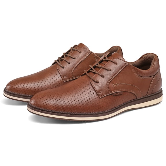 Rexoro Men Dress Oxford Shoes Perforated Breathable PU Lace Up Derby Shoes For Business Casual Office Work Daily,Brown,10.5