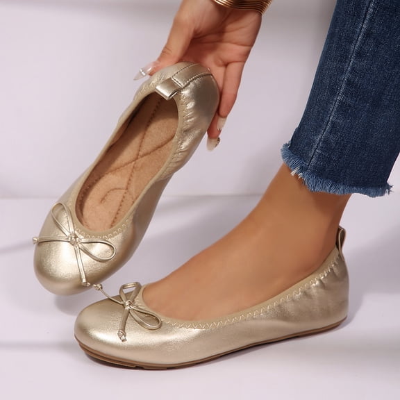 Rexoro Women Ballet Flats Elastic Round Toe Bow Foldable Dance Shoes Comfort Casual