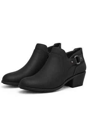 Women's Ankle Booties Side Zipper Block Heel Casual Boots Women Chunky Low Heel Short Boots,Black Matte PU,US 9.5