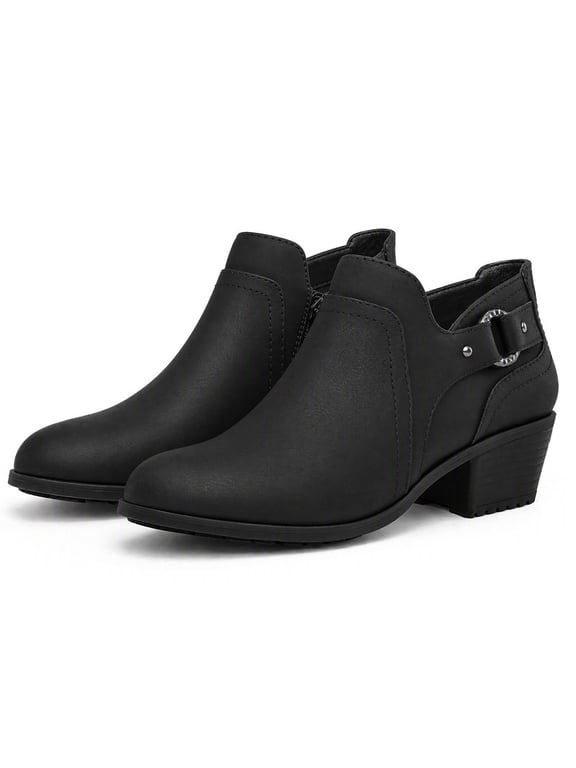 Women's Ankle Booties Side Zipper Block Heel Casual Boots Women Chunky Low Heel Short Boots,Black Matte PU,US 9.5