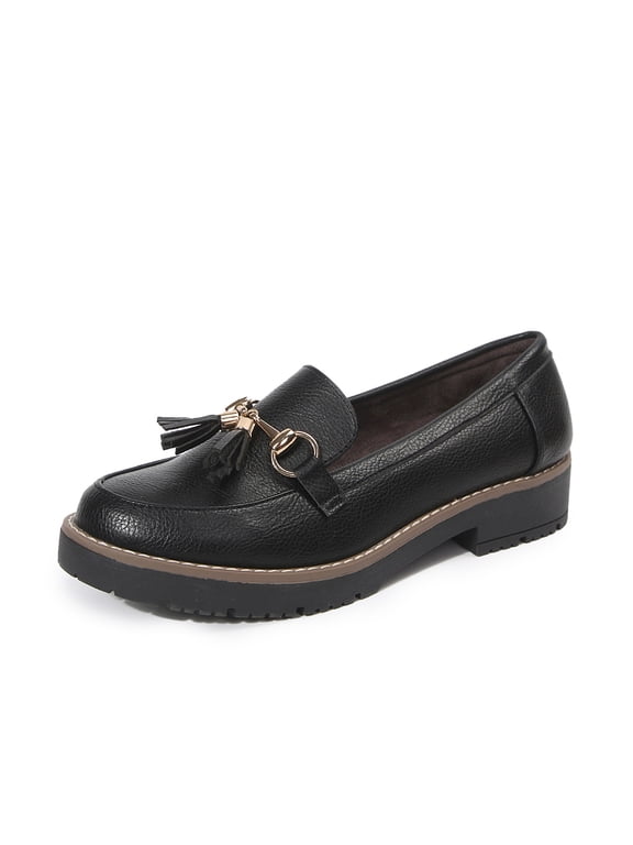Pennysue Women Chunky Platform Loafers Tassel Slip On Almond Toe Comfort Work Casual Shoes for Office Campus