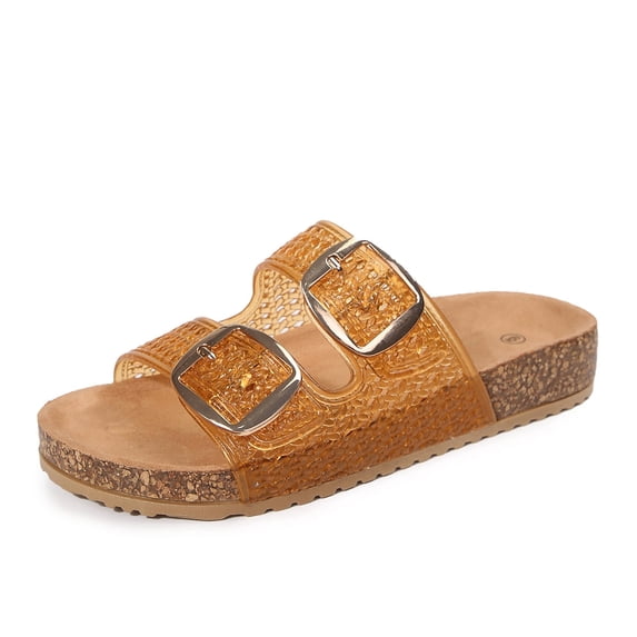 Rexoro Women Comfort Slides Adjustable Buckle Sandals PVC Strap Cork Footbed for Beach