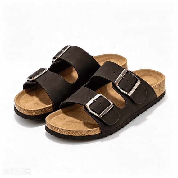 Rexoro Women's Cork Footbed Slide Sandals Adjustable Double Buckle Strap Slip On Sandals Summer Beach Daily Walking