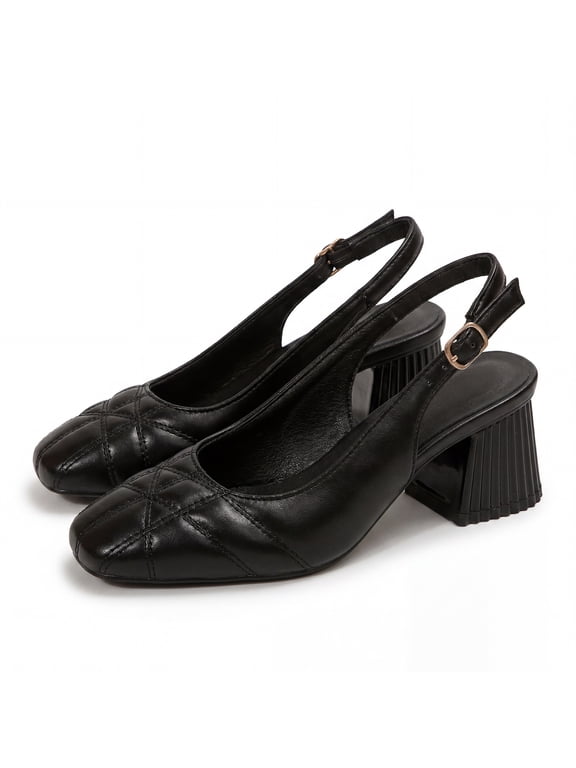 Women Pumps Square Toe Slingback Mid Block Heel Women's Dress Shoes Office Party