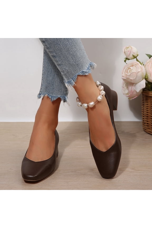 Women Pumps V Cut Square Toe Mid Block Heels Dress Shoes Office Business