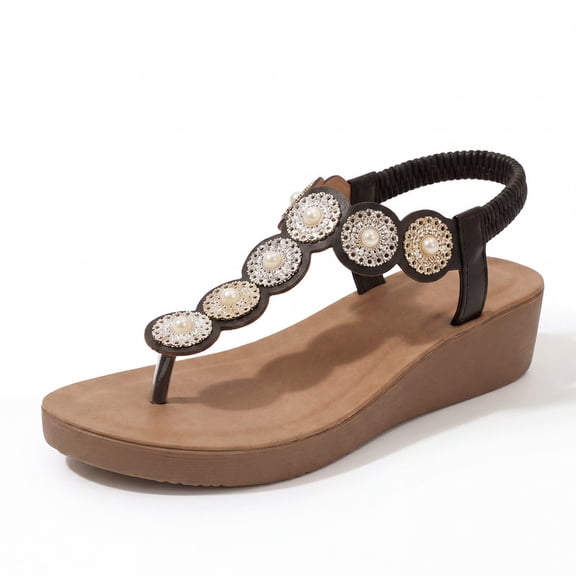 Rexoro Women Sandals Thong Shoes Wedge T Strap Beaded Rhinestone Casual Beach