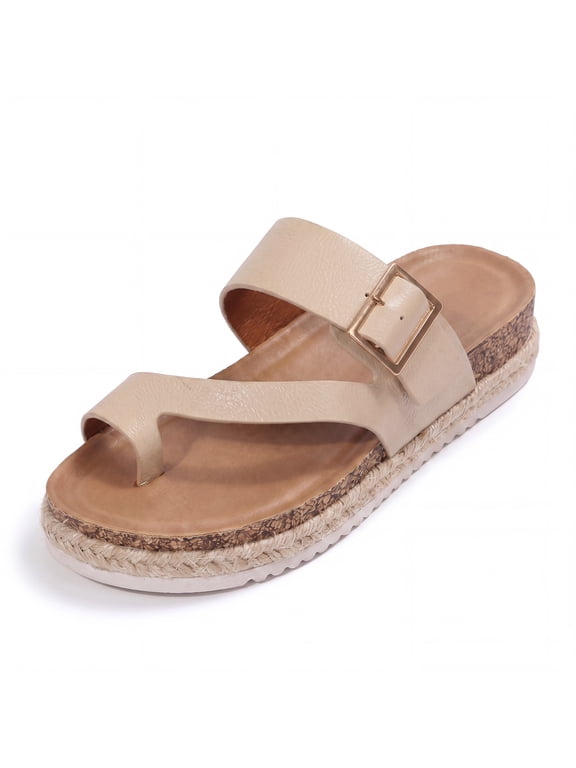 Women Sandals Toe Loop Slides Platform PU Leather Espadrilles Casual Beach