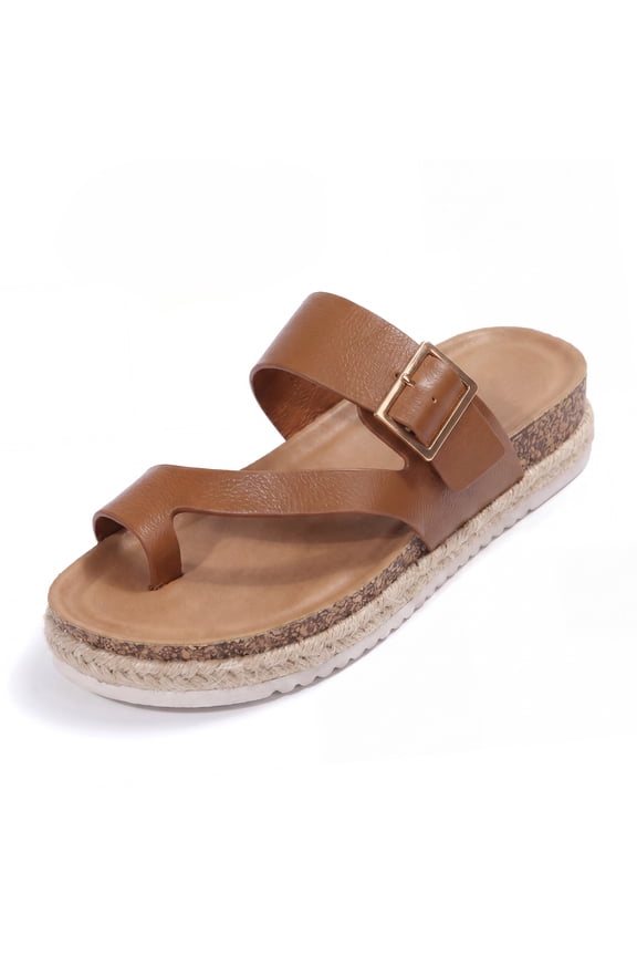 Women Sandals Toe Loop Slides Platform PU Leather Espadrilles Casual Beach