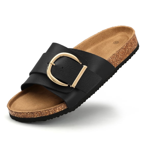 Rexoro Women's Black Faux Leather Slide Sandals with Gold Buckle Comfort Cork Footbed Non-Slip Summer Shoes Size 8