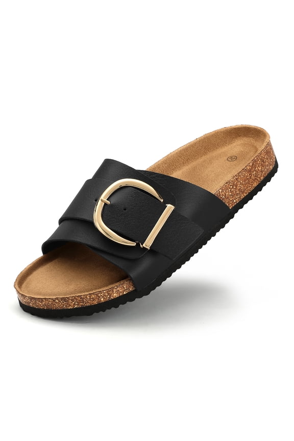Women's Black Faux Leather Slide Sandals with Gold Buckle Comfort Cork Footbed Non-Slip Summer Shoes Size 8