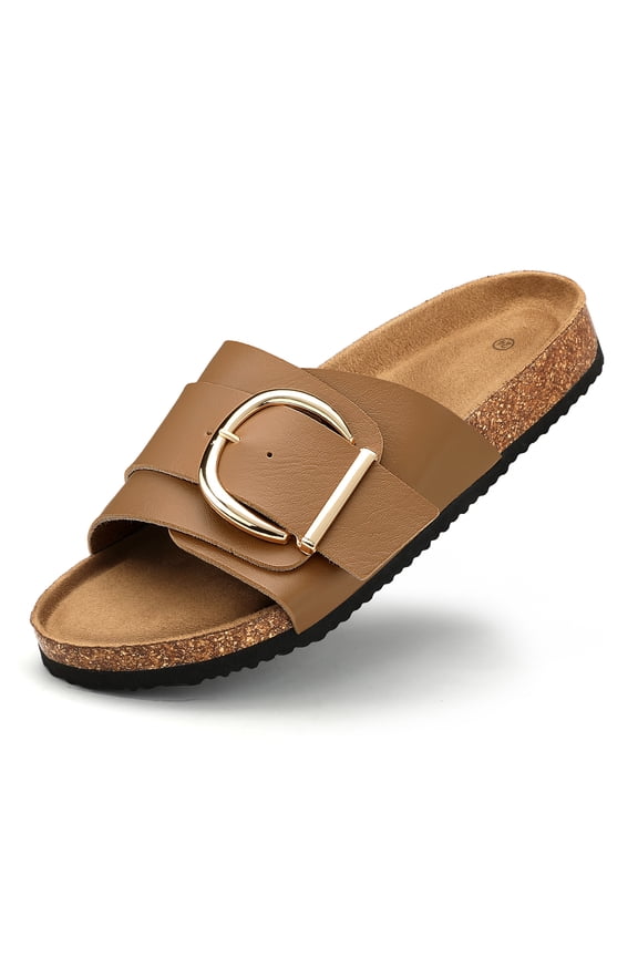 Women's Brown Faux Leather Slide Sandals with Gold Buckle Comfort Cork Footbed Non-Slip Summer Shoes Size 7