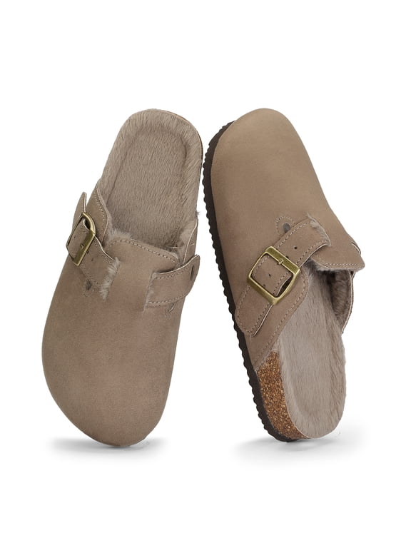 Women's PU Leather Cork Clogs with Adjustable Buckle Strap Cozy Faux Fur Lined Slippers Tan 5