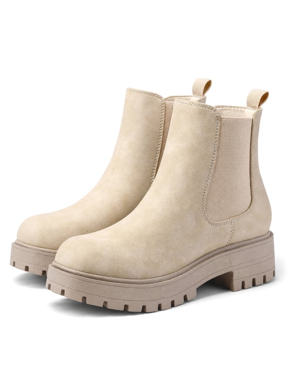 Women's Chelsea Boots Chunky Heel Lug Sole Ankle Boots Elastic Side Slip-on Fashion Booties Beige 8.5