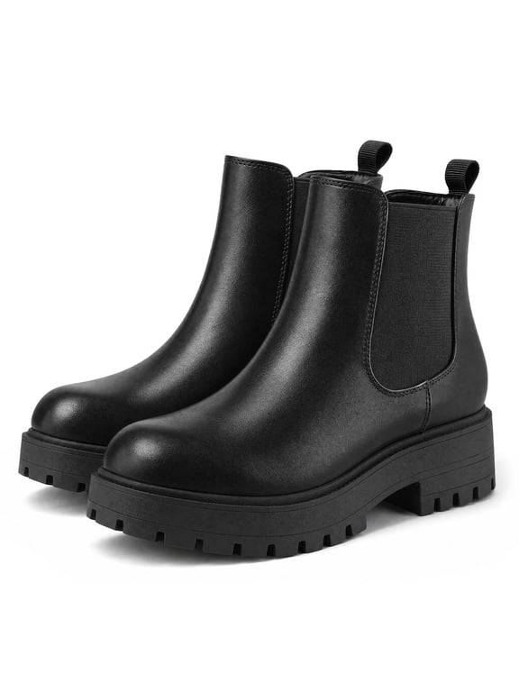 Women's Chelsea Boots Chunky Heel Lug Sole Ankle Boots Elastic Side Slip-on Fashion Booties Black PU 9