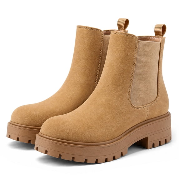 Rexoro Women's Chelsea Boots Chunky Heel Lug Sole Ankle Boots Elastic Side Slip-on Fashion Booties Light Brown 7