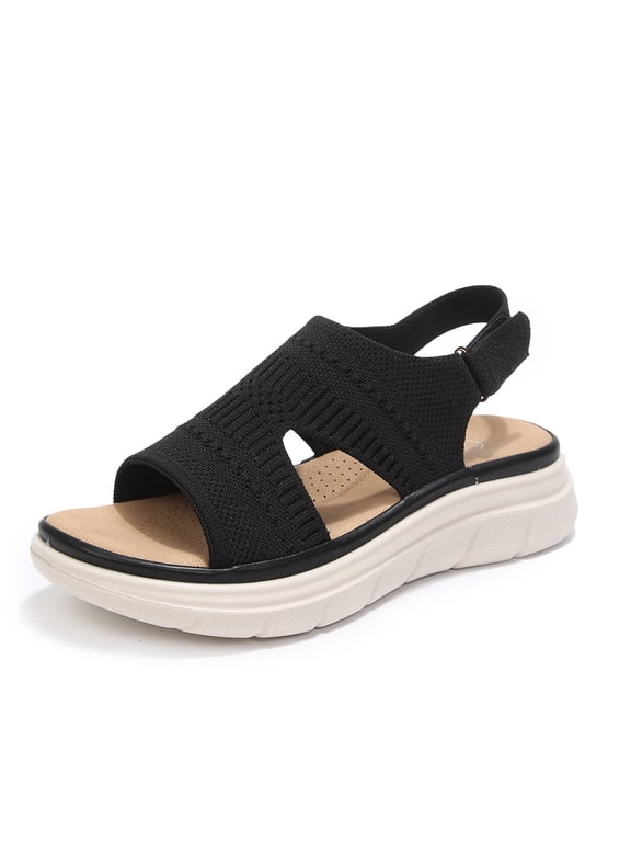 Women's Platform Walking Sandals Breathable Knit Ankle Strap Sandals Summer Casual Daily Wear Shoes Black 7.5