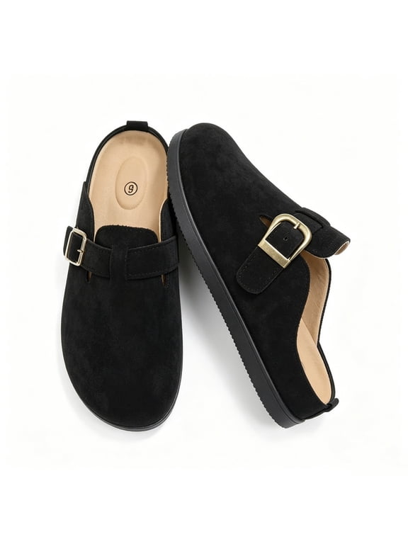 Women's Suede Mules Adjustable Buckle Slippers Comfortable Footbed Women Slip On Black 8