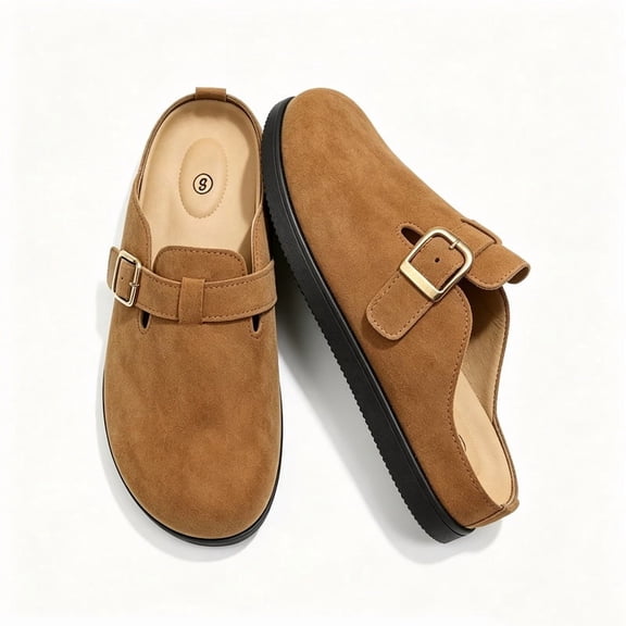 Rexoro Women's Round Toe Suede Clogs Adjustable Buckle Clog Slippers Comfortable Slip On Footbed Indoor Outdoor Shoes Mules