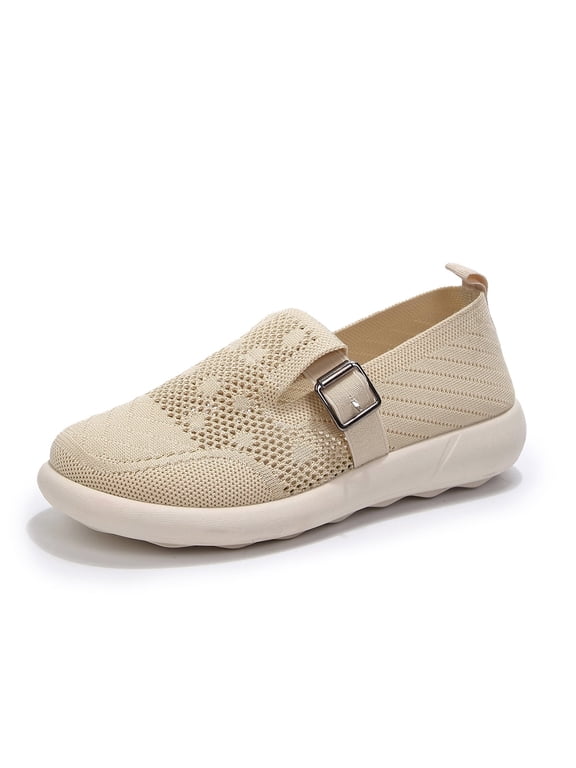Women's Slip-On Flats Breathable Knit Lightweight Comfortable Daily Casual Walking Shoes Beige 7