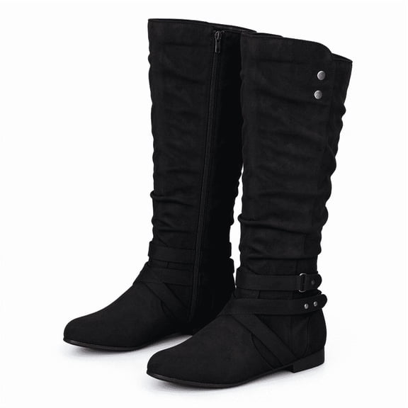 Rexoro Women's Slouchy Knee High Boots Round Toe Suede Buckle Strap Winter Boots Black 8