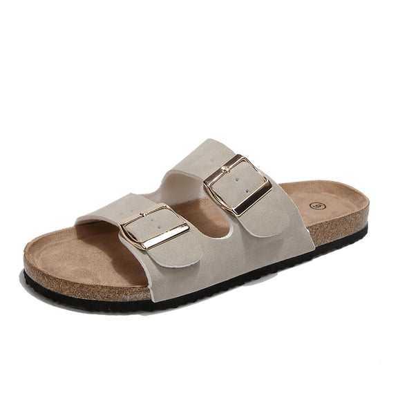 Rexoro Women Cork Footbed Comfort Sandals Slip On Slides Adjustable Double Buckle Strap Summer Beach Daily Walking