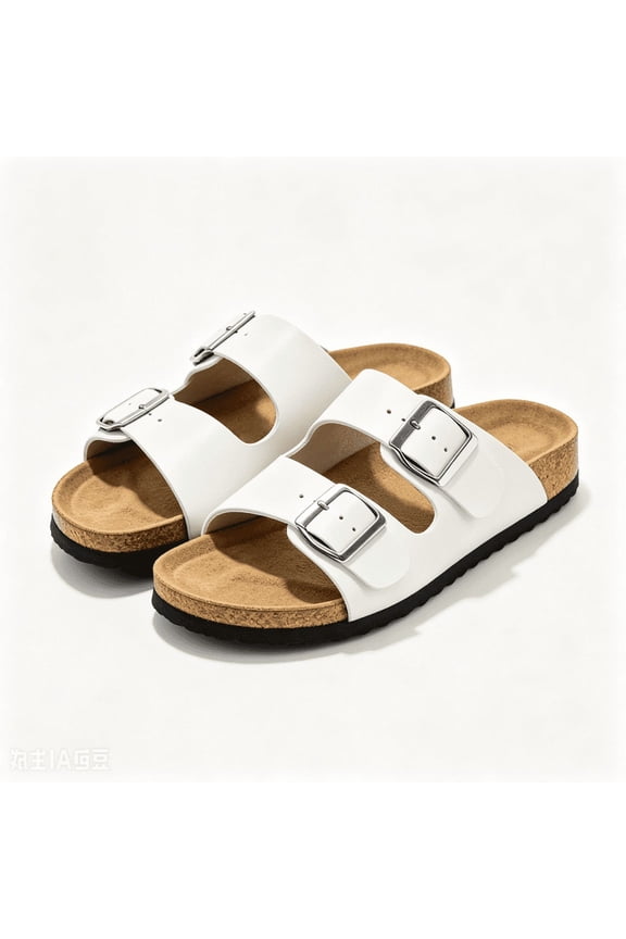 Women's Cork Footbed Slide Sandals Adjustable Double Buckle Strap Slip On Sandals Summer Beach Daily Walking