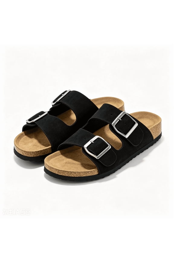 Women's Cork Footbed Slide Sandals Adjustable Double Buckle Strap Slip On Sandals Summer Beach Daily Walking