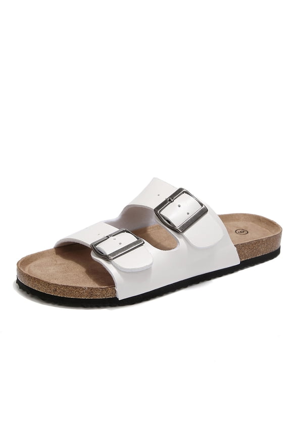 Women Cork Footbed Comfort Sandals Slip On Slides Adjustable Double Buckle Strap Summer Beach Daily Walking