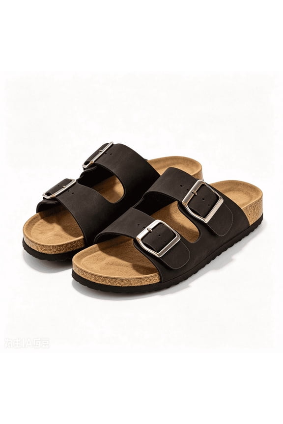 Women's Cork Footbed Slide Sandals Adjustable Double Buckle Strap Slip On Sandals Summer Beach Daily Walking