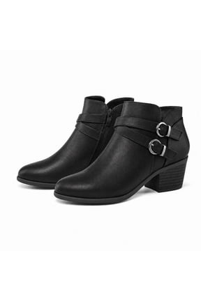 Women's Ankle Boots Double Cross Strap Side Zipper Women Booties Black PU 8