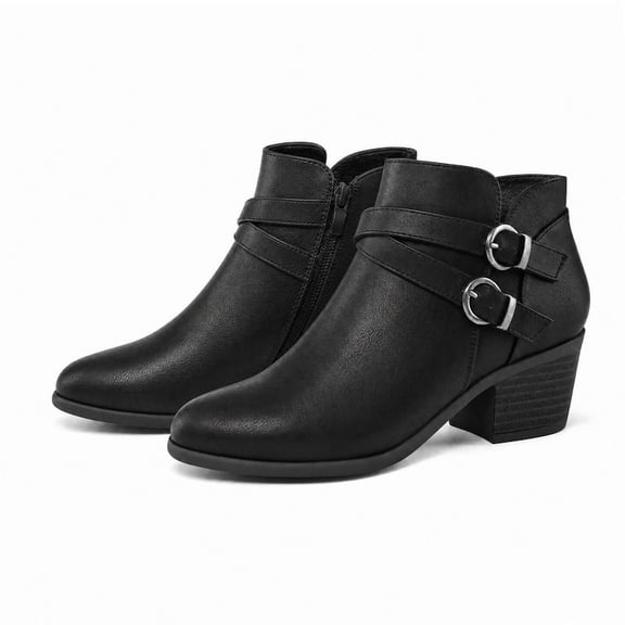 Rexoro Women's Ankle Boots Double Cross Strap Side Zipper Women Booties Black PU 8
