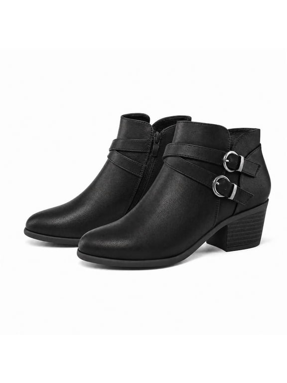 Women's Ankle Boots Double Cross Strap Side Zipper Women Booties Black PU 8