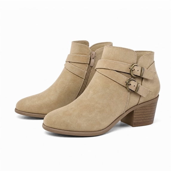 Rexoro Women's Ankle Boots Double Cross Strap Side Zipper Women Booties Beige PU 6.5